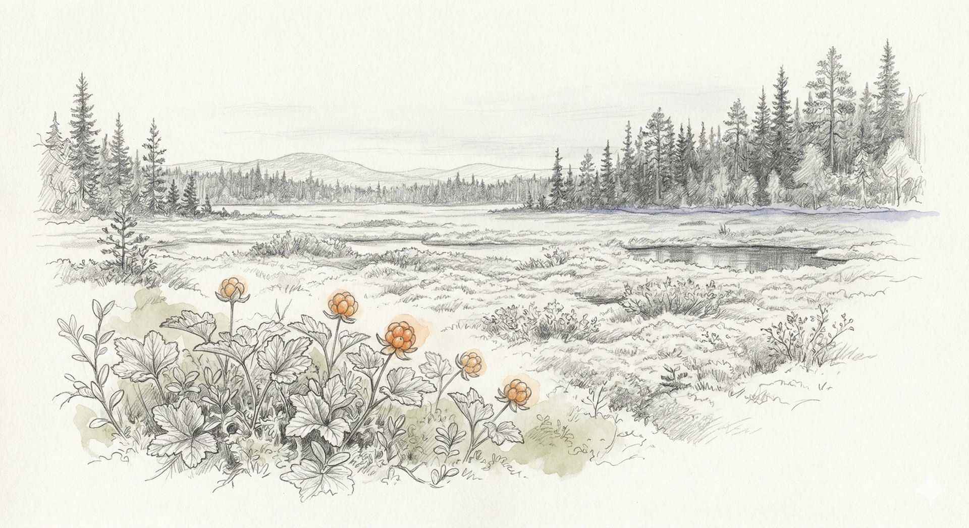 Myrmark med hjortron – akvarellillustration av svensk natur